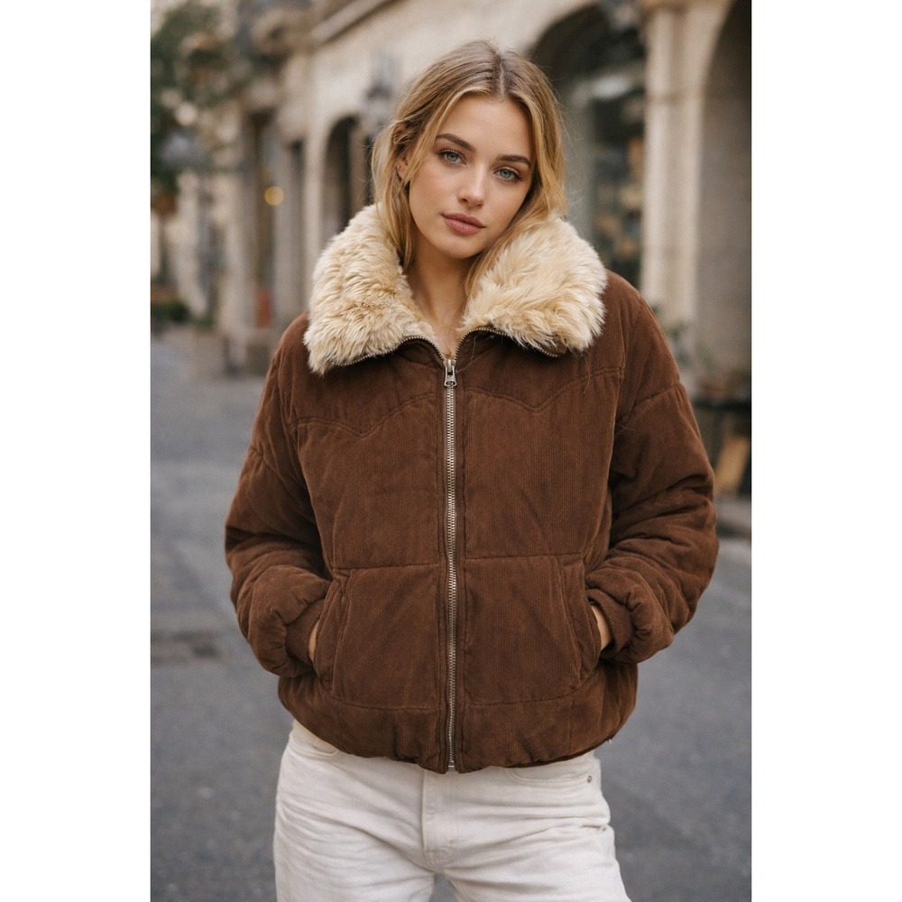 Vintage Y2K Corduroy Puffer Jacket Faux Fur Coat Women XL Chocolate Brown Sherpa